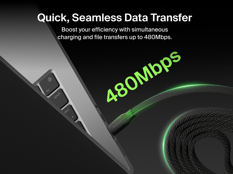 Belkin BoostCharge Pro Magnetic USB-C Cable 240W shown connected to a laptop, supporting fast charging and seamless data transfer speeds up to 480 Mbps.