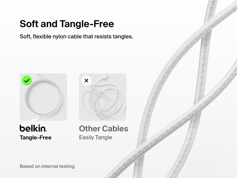 Visual comparison showing the Belkin BoostCharge Braided USB-A Cable with Lightning Connector as a soft, flexible, tangle-free nylon cable versus standard easily tangled cables.