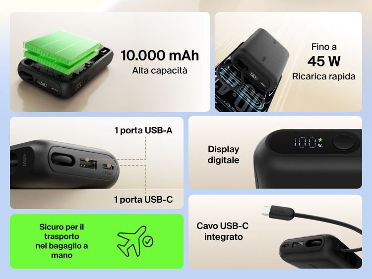 Belkin UltraCharge 10K power bank with 45W fast charging, integrated USB-C cable, digital display, USB-A and USB-C ports, and TSA carry-on approved design.