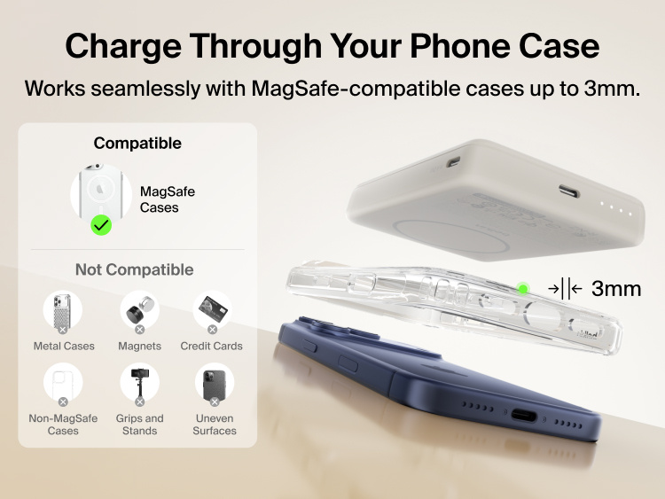 Slim Magnetic Power Bank 10K with Qi2 positioned above smartphone with case showing compatibility and magnetic attachment spacing