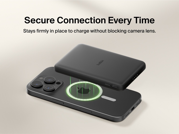 Belkin BoostCharge Slim Magnetic Power Bank 5K shown magnetically aligned between a smartphone and wallet accessory, demonstrating precise magnetic ring for secure attachment and camera-safe design.