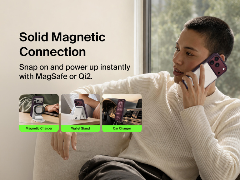 Belkin Protect Series Case for iPhone 18 supports MagSafe and Qi2 magnetic connections with compatible chargers, wallet stands, and car chargers.