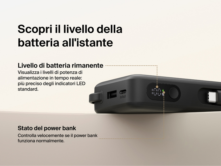 Belkin UltraCharge 10K power bank with integrated USB-C cable and digital display showing real-time battery percentage and charging status