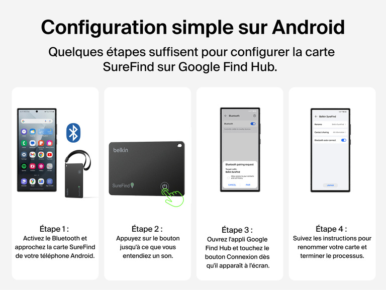Image du guide en quatre &eacute;tapes de configuration de la carte Belkin&nbsp;SureFind avec Google&nbsp;Find&nbsp;Hub via Bluetooth sur un smartphone Android.