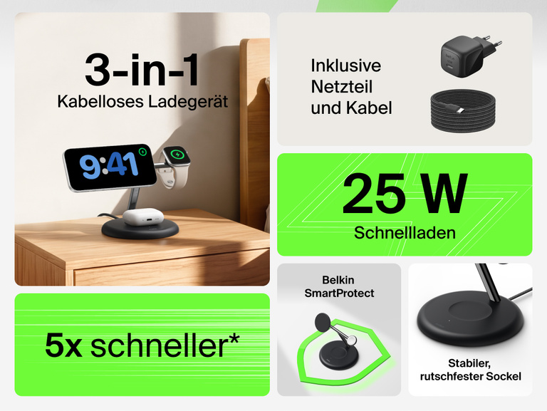 Belkin UltraCharge 3-in-1 Wireless Charging Stand with Qi2 25W showcasing compact design with integrated Apple Watch charger and earbuds dock