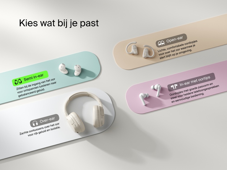 Belkin SoundForm Anywhere Wireless Earbuds shown as a semi in-ear fit option alongside open-ear, in-ear with eartips, and over-ear styles for the perfect fit.