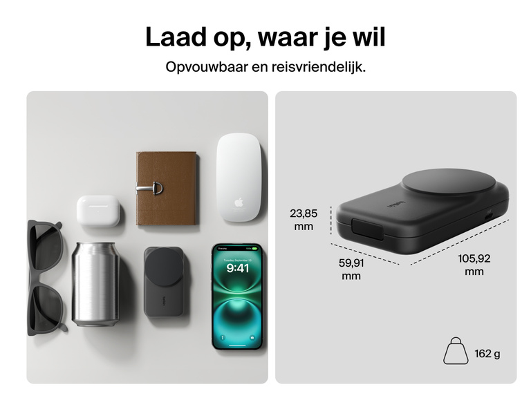 Belkin UltraCharge 2-in-1 Foldable Magnetic Charger with Qi2 25W shown in compact, travel-friendly design weighing 162g with dimensions ideal for on-the-go charging.
