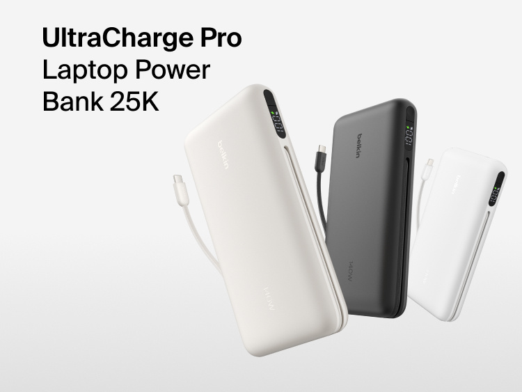 Belkin UltraCharge Pro Laptop Power Bank 25K with integrated cable and digital display, high-capacity portable charger for laptops and devices