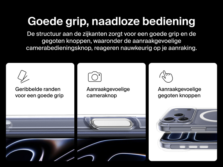 Belkin SheerForce Clear Series Case for iPhone 17 with grooved edges, tactile molded controls, and touch-sensitive camera button for secure grip and seamless control.