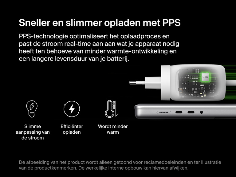BoostCharge Pro 3-Port GaN Wall Charger 100W shown with internal PPS technology visualization, enabling smart power adjustment for reduced heat, improved efficiency, and extended battery life.