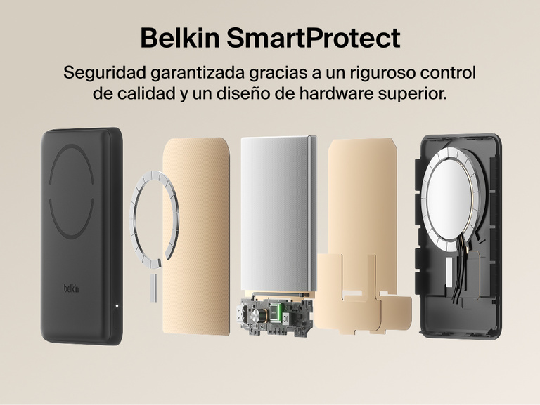 Belkin BoostCharge Slim Magnetic Power Bank 5K with Qi2 shown with Belkin SmartProtect internal components designed for safe, reliable charging performance.