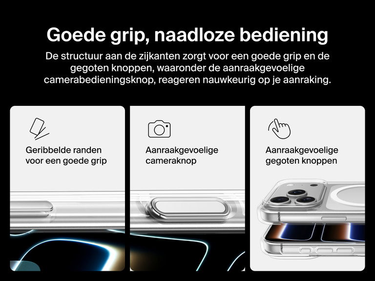 Belkin SheerForce Clear Series Case for iPhone 17 with grooved edges, tactile molded controls, and touch-sensitive camera button for secure grip and seamless control.