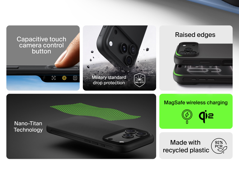 Belkin Protect Series Case for iPhone 18 features 92% recycled plastic, Nano-Titan technology, military-grade drop protection, raised edges, MagSafe and Qi2 charging, and a capacitive camera control button.