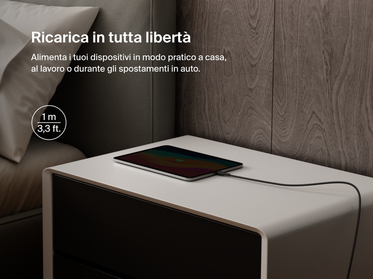 Belkin BoostCharge Pro USB-C to USB-C Braided Cable 240W shown charging a tablet on a nightstand, emphasizing its 1-meter (3.3 ft) length for convenient charging anywhere.