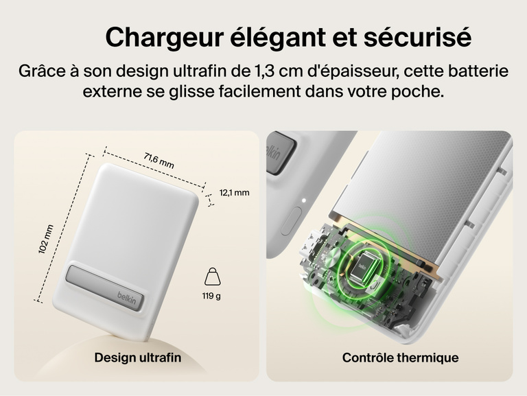 Belkin BoostCharge Slim Magnetic Power Bank 5K with Qi2 highlighting an ultra-slim, lightweight design with smart thermal control for safe, pocket-friendly portable charging.