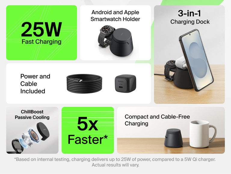 Belkin UltraCharge Modular Charging Dock with Qi2 25W featuring a 3-in-1 modular design, fast wireless charging up to 25W, smartwatch holder compatibility, passive cooling, and compact cable-free charging for everyday devices.