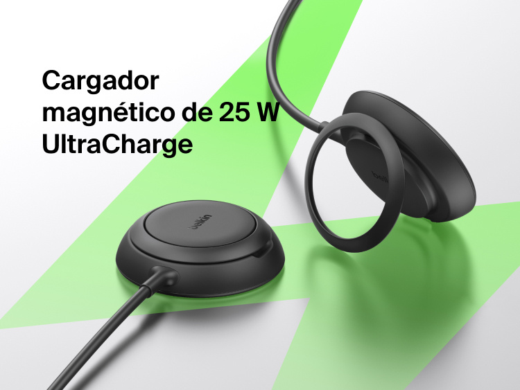 Se muestra como el elegante dise&ntilde;o del cargador magn&eacute;tico con Qi2 de 25 W Belkin UltraCharge le permite funcionar tanto como una base horizontal o un soporte vertical, proporcionando en ambos casos una carga inal&aacute;mbrica r&aacute;pida y segura.