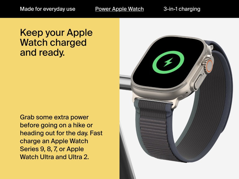 Image of an Apple Watch charging on a black Belkin BoostCharge Pro 3-in-1 Magnetic Wireless Charging Stand with Qi2 15W, highlighting support for fast charging Apple Watch Series 9, 8, 7, and Apple Watch Ultra and Ultra 2.