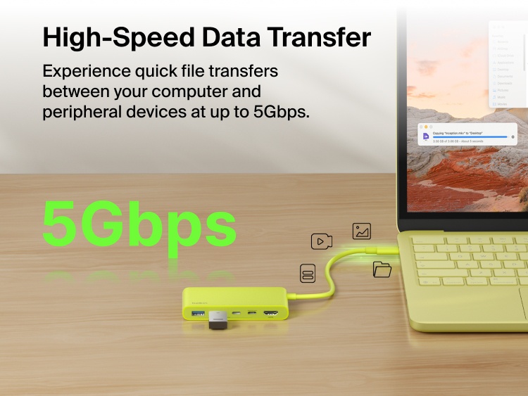 Belkin Connect 5-Port USB-C Hub with Dual USB-C Ports enables high-speed data transfer up to 5Gbps between laptop and connected devices.