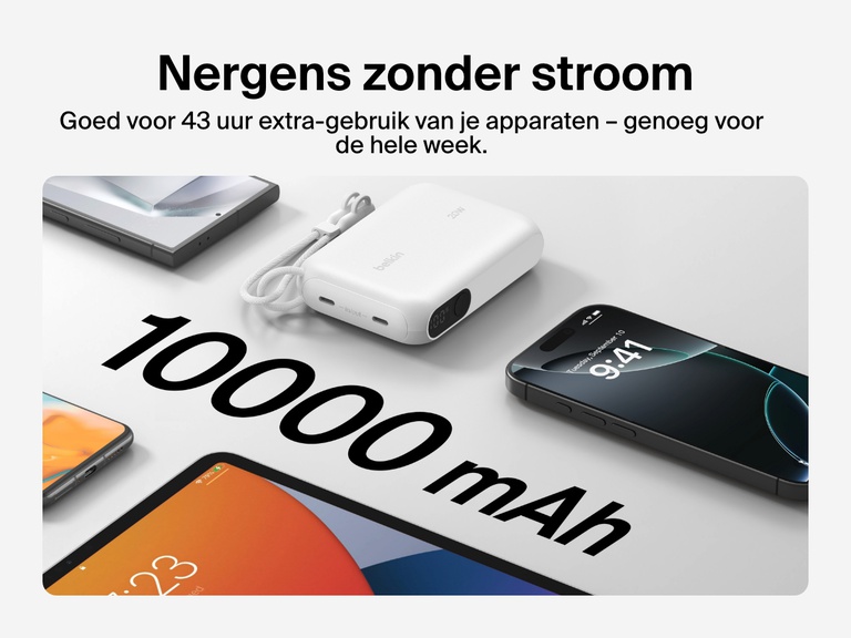 Afbeelding van de Belkin BoostCharge 10.000mAh-powerbank met display omringd door meerdere apparaten, om de capaciteit van 10.000 mAh en tot wel 43 uur extra batterijduur voor onderweg te benadrukken.
