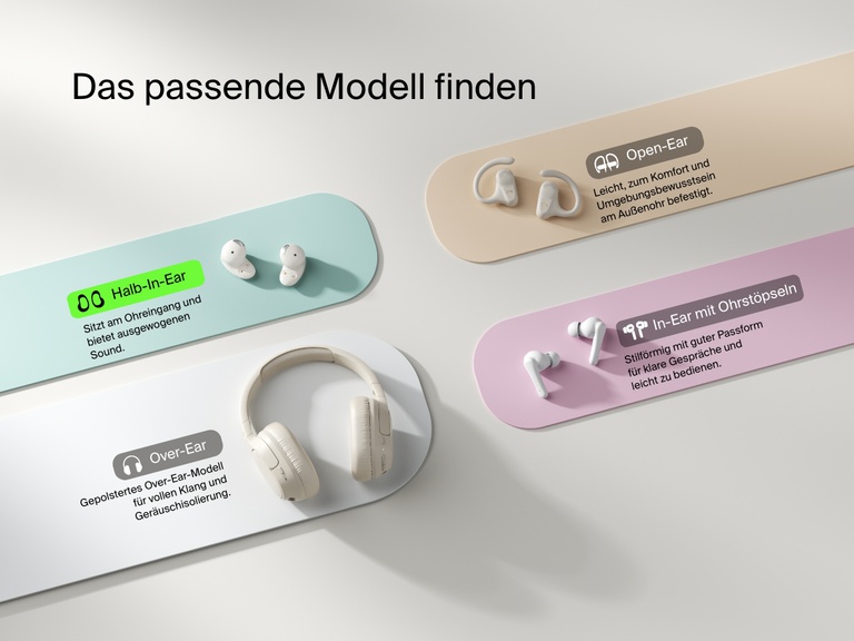 Belkin SoundForm Anywhere Wireless Earbuds shown as a semi in-ear fit option alongside open-ear, in-ear with eartips, and over-ear styles for the perfect fit.