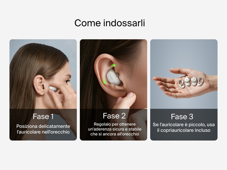 Belkin SoundForm Anywhere Wireless Earbuds with step-by-step guide showing how to wear and adjust for a secure, comfortable fit using size-up sleeves if needed.