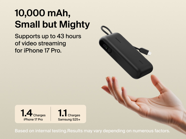 Belkin UltraCharge 10K power bank with integrated USB-C cable and digital display, delivering up to 45W fast charging and extended battery life for smartphones