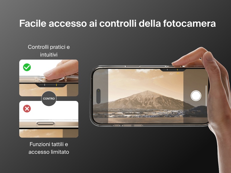 A demonstration of the SheerForce™ Magnetic iPhone Case's easy access to camera controls. The image compares the case’s intuitive and convenient control with a competitor’s design that limits touch functions and access. A hand is shown adjusting the camera zoom smoothly, highlighting the case's precise cutouts for an uninterrupted user experience.