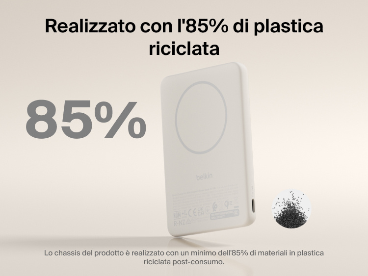 Belkin BoostCharge Slim Magnetic Power Bank 5K with Qi2 shown made with at least 85 percent post-consumer recycled plastic for a more sustainable portable charging solution.