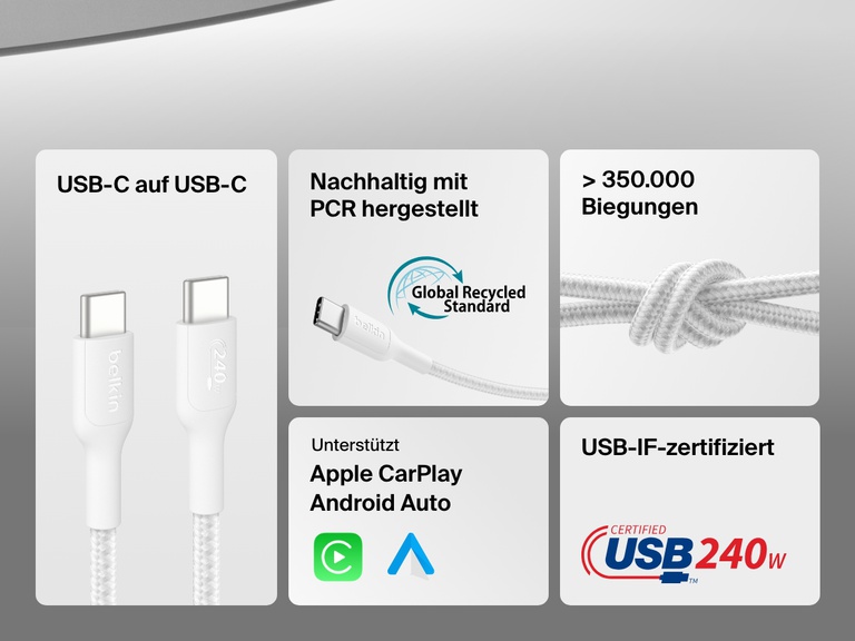 Feature callout graphic highlighting the Belkin BoostCharge Pro USB-C to USB-C Braided Cable 240W with USB-IF certification, 350,000+ bend lifespan, PCR materials, and compatibility with Apple CarPlay and Android Auto.