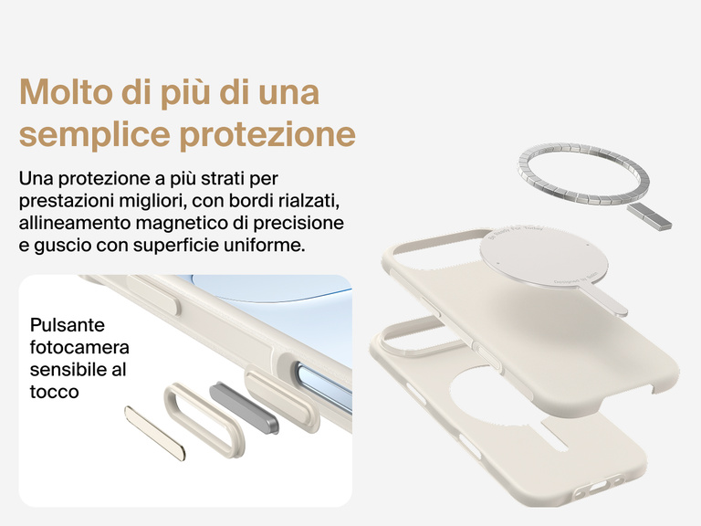 Custodia Belkin SheerForce Protect Series per iPhone 17 con bordi rialzati per la protezione dello schermo e della fotocamera, e design appositamente pensato per garantire una ricarica wireless magnetica ottimale.
