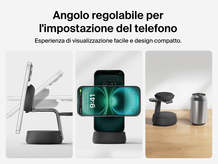 Il dock di ricarica magnetica 3 in 1 con Qi2 da 25 W Belkin UltraCharge Pro vanta un angolo di visualizzazione regolabile per il telefono e un profilo compatto e salvaspazio.