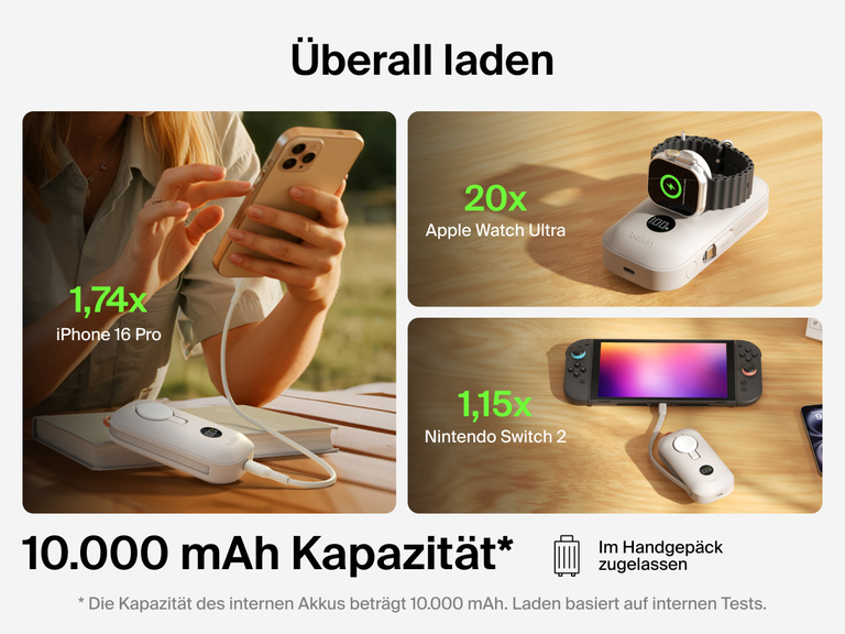 Die Belkin BoostCharge Pro Powerbank 10K mit Apple Watch Ladeger&auml;t hat eine Kapazit&auml;t, die den Flugsicherheitsstandards zum Laden von iPhone 16 Pro, Apple Watch Ultra und Nintendo Switch 2 auf Reisen entspricht.