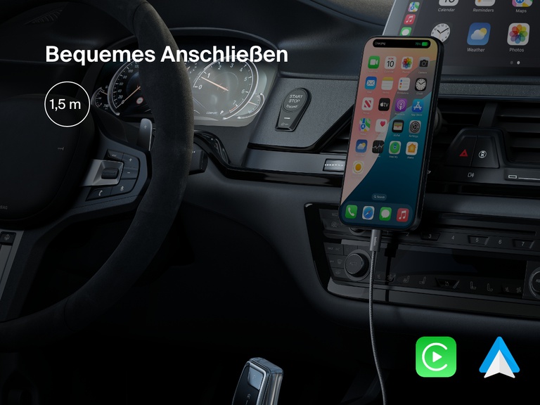 Eine Abbildung von einem Belkin BoostCharge USB-C-/USB-C-Kabel (60 W) in einem Auto. Dank seiner Länge von 1,5 m wird eine nahtlose Verbindung mit Apple CarPlay und Android Auto ermöglicht.