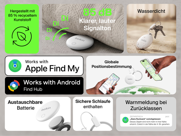 Der Belkin SureFind Spot zeichnet sich durch folgende Merkmale aus; Kompatibilit&auml;t mit Apple &bdquo;Wo ist?&ldquo; und Google &bdquo;Mein Ger&auml;t finden&ldquo;, globale Ortungsfunktion, 85-dB-Signalton, austauschbare Batterie, Wasserschutz und sichere Schlaufe.