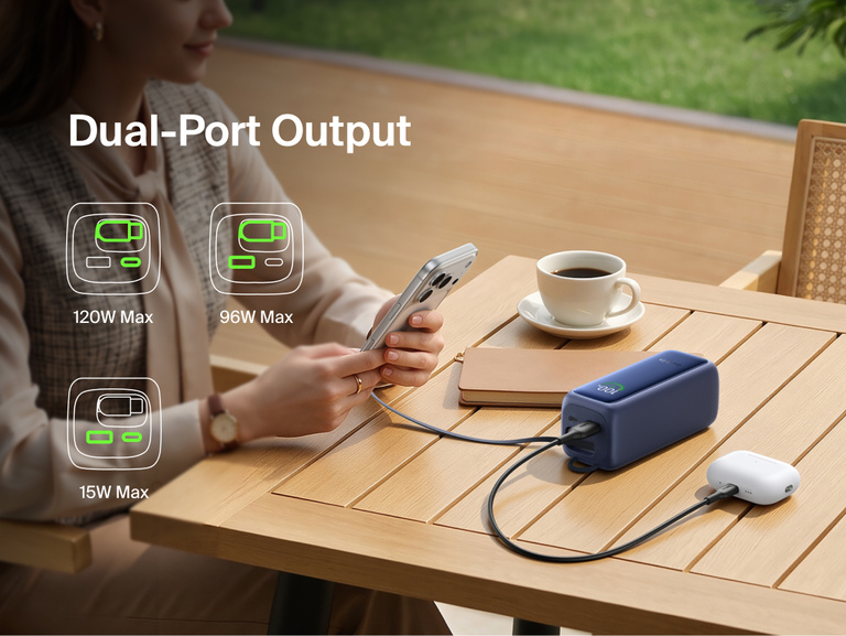 UltraCharge Power Bank 22K with Retractable Cable charging a phone and earbuds case at a table using dual-port output, with icons showing available wattage combinations
