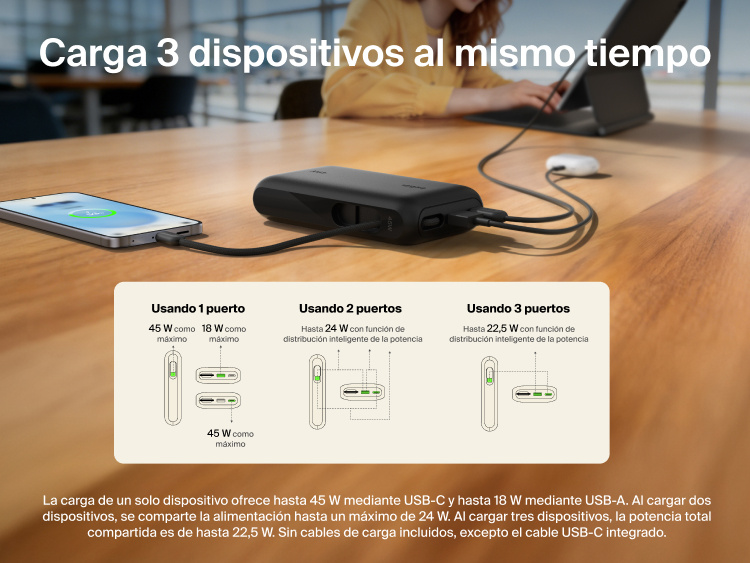 Belkin UltraCharge 10K power bank with integrated USB-C cable and digital display charging up to three devices simultaneously with smart power sharing