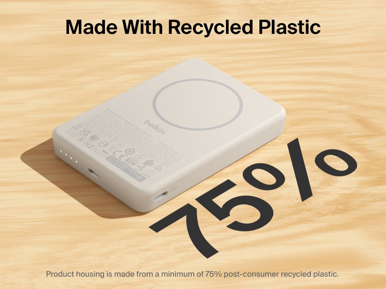 Belkin BoostCharge Slim Magnetic Power Bank 10K highlighting 75% post-consumer recycled plastic housing with slim magnetic design and USB-C ports