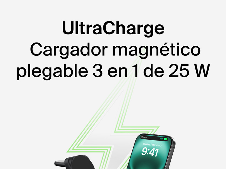 Se muestra el cargador magnético plegable 3 en 1 con Qi2 25W Belkin UltraCharge cargando un iPhone y el gráfico de un rayo de color verde en el fondo.