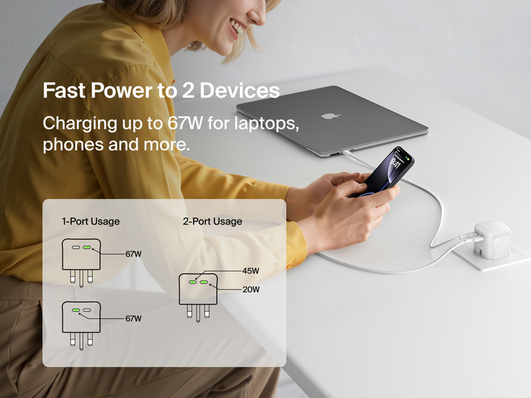 Belkin BoostCharge Pro Dual USB-C GaN Wall Charger 67W shown charging a laptop and smartphone simultaneously, delivering up to 67W total output for fast, efficient dual-device charging.