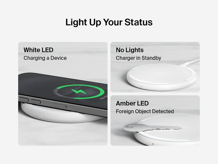 A white Belkin BoostCharge Wireless Charging Pad 15W is shown with three LED status indicators: a white LED for charging a device, no lights for standby mode, and an amber LED for foreign object detection, demonstrated with a key placed on the pad.