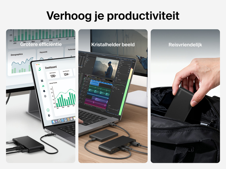 Belkin Connect 8-poorts USB-C-hub met 2,5 Gb Ethernet-poort afgebeeld ter illustratie van de verbeterde productiviteit en creativiteit en de compacte vormgeving waardoor hij gemakkelijk in een tas meegenomen kan worden.