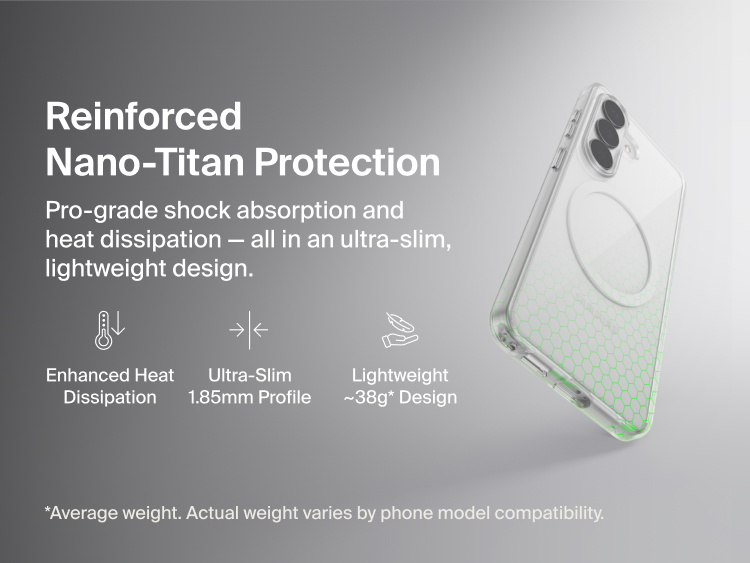 Belkin SheerForce Clear Series Case for Samsung Galaxy S26 shown in close-up, highlighting reinforced Nano-Titan protection with shock absorption, heat dissipation, ultra-slim 1.85 mm profile, and lightweight protective design.