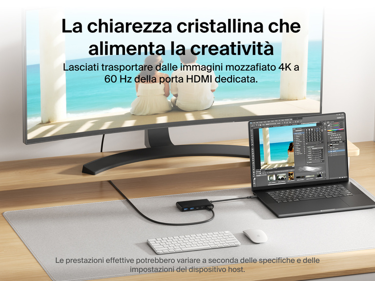 Belkin Connect 5-Port USB-C Hub with Dual USB-C Ports connects a laptop to a monitor, delivering stunning 4K@60Hz visuals via the dedicated HDMI port.