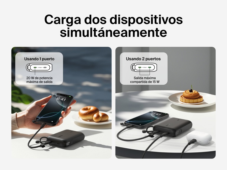Comparación visual de la batería externa 10K con pantalla BoostCharge de Belkin en la que se ilustra como puede cargar un dispositivo a 20 W o dos de forma simultánea con 15 W (compartidos). En la imagen se ve la batería cargando un smartphone y unos auriculares sobre una mesa.