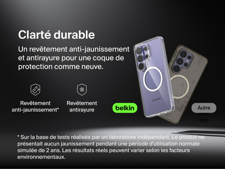 Belkin SheerForce Clear Series Case for Samsung Galaxy S26 shown alongside a comparison case, highlighting long-lasting clarity with anti-yellowing technology and scratch-resistant protection for everyday use.