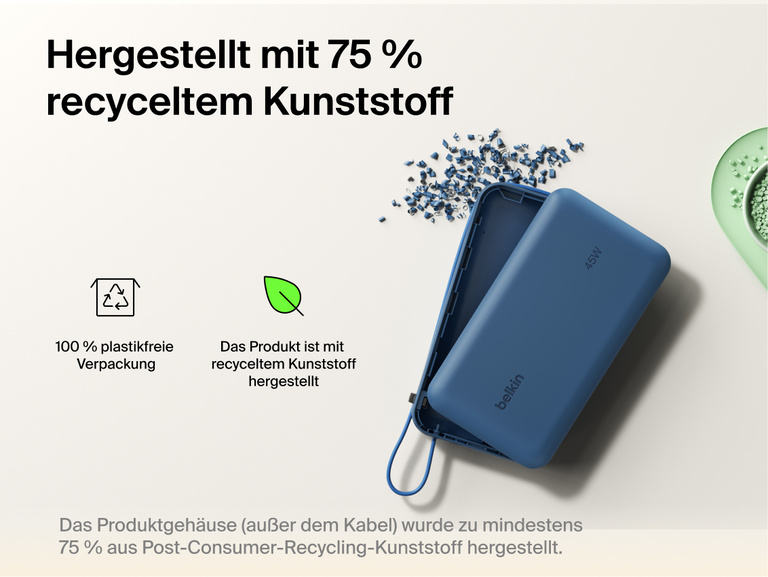 Belkin UltraCharge 20K 45W power bank with integrated cable made with recycled materials and plastic-free packaging for a more sustainable charging solution