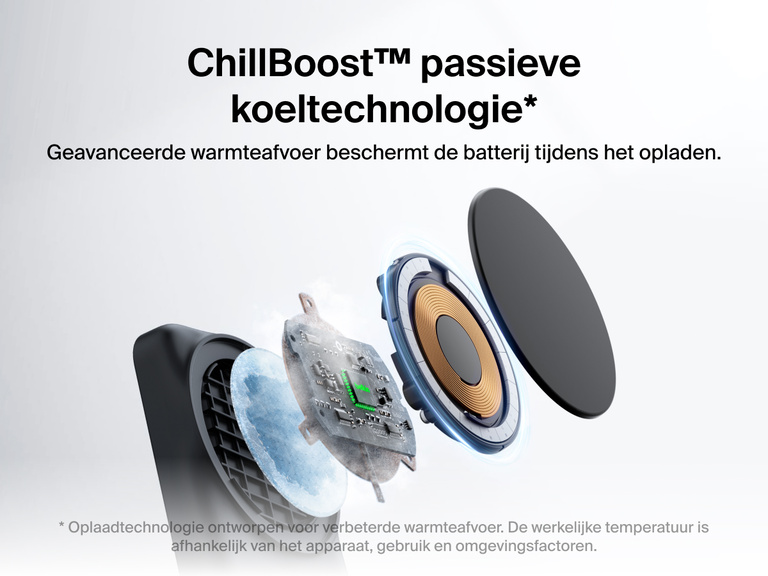 De Belkin UltraCharge 2-in-1 uitklapbare magnetische lader met Qi2 25W werkt met de passieve koeltechnologie ChillBoost™ om warmte beter af te voeren en de batterij te beschermen tijdens het opladen.