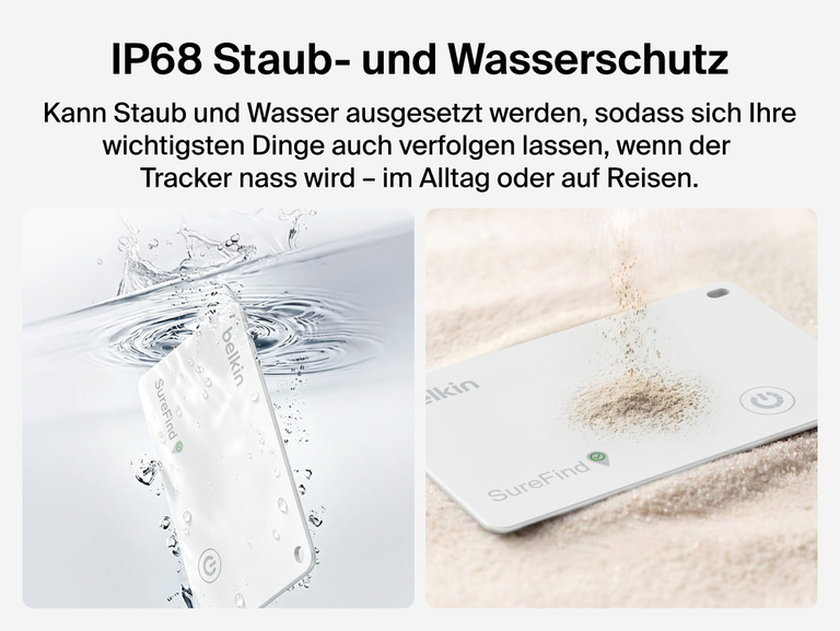 Die Belkin SureFind Karte wird Staub und Wasser ausgesetzt, um ihre Staub- und Wasserfestigkeit gem&auml;&szlig; Schutzart IP68 zu zeigen.