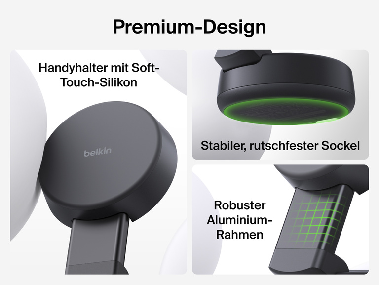 Die Belkin UltraCharge Pro verstellbare, magnetische 2-in-1-Ladestation mit Qi2&nbsp;25W hat einen Handyhalter mit Soft-Touch-Oberfl&auml;che aus Silikon, einen stabilen Aluminiumrahmen und einen rutschfesten Sockel zum bequemen Laden.
